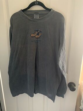 Life Is Good Men's Long-Sleeve Shirt in Charcoal with Hiking Boot Graphic